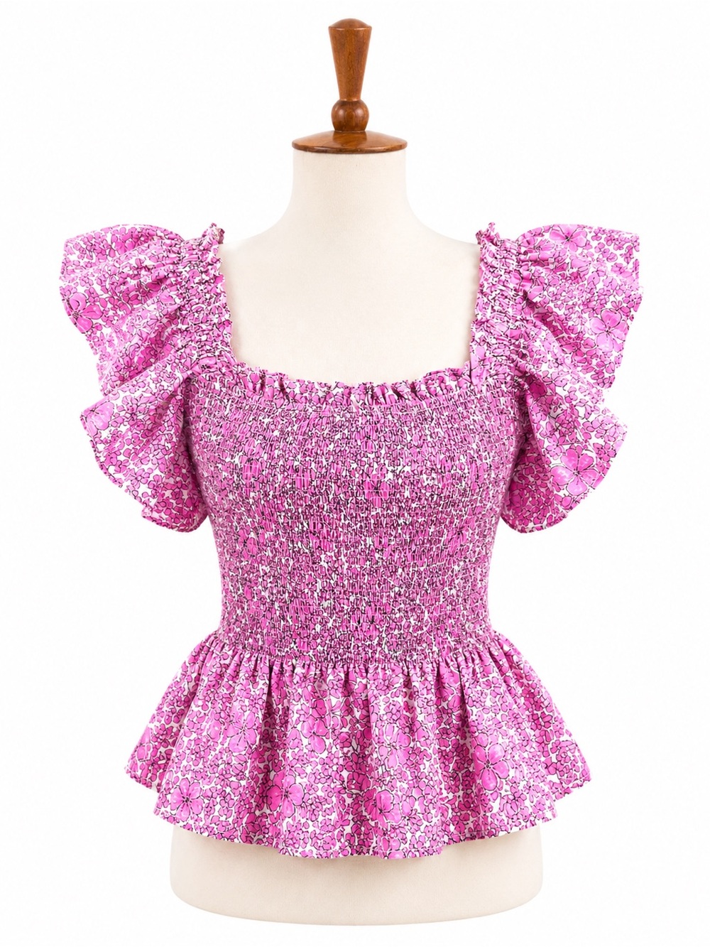 entro Pink Smocked Peplum Puff Sleeve Blouse Small Cotton smocked